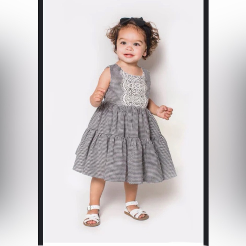 Popatu Little Girl's👧🏻Lace Black & White Mini Check Cotton Dress👗Sz 3T